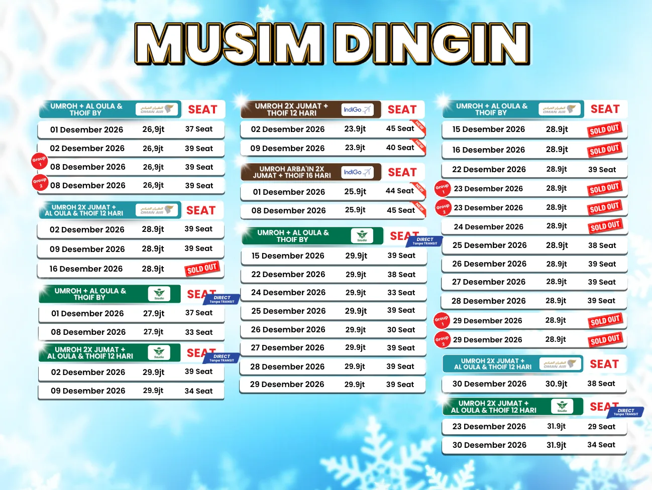 Tabel harga dan jadwal paket umroh musim dingin Desember 2026-Januari 2027 Rahmah Travel