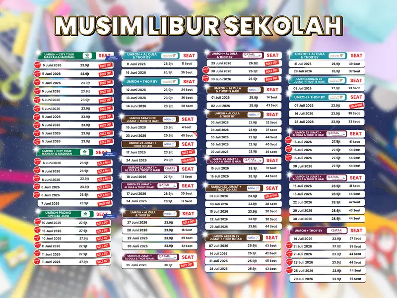 Tabel harga dan jadwal paket umroh musim libur sekolah 2026 Rahmah Travel